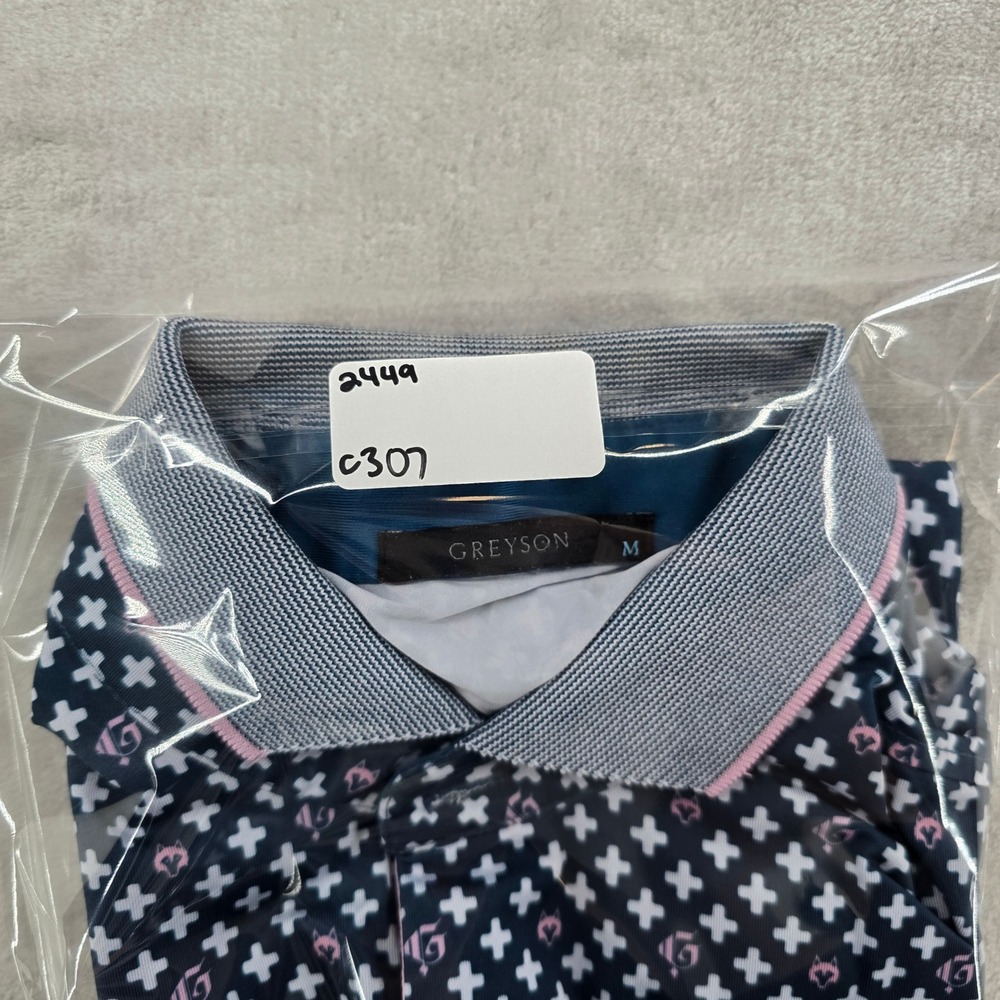 Greyson Golf Mens Polo Medium Blue Pink Wolf Print Onion Creek Club Golf Shirt - Picture 8 of 8